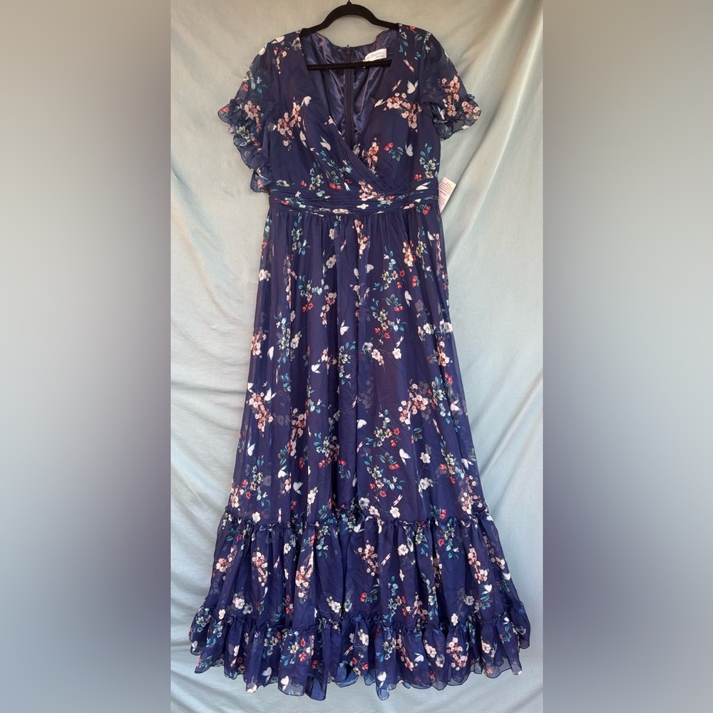 Mac Duggal Navy Multicolor Flounce Sleeve Floral Maxi Dress Size 12 NWT